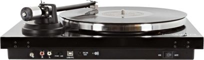 Enova HIFI Vision 4 USB sort pladespiller, tonarm med pickup, drejelig pladespiller, betjeningselementer og tilslutninger på forsiden