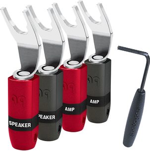 Fünf Bananenstecker-Audiokabel der Marke Audioquest, Modelle Amp und Speaker, in den Farben Rot und Schwarz