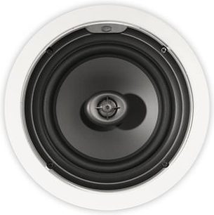 Klipsch R2800C indbygget højttaler, tæt forfra, hvid gitterdæksel, rund sort centralhøjttaler