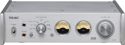 TEAC AI-503 Stereo-Hi-Fi-Verstärker in Silber, mit gebürsteter Aluminium-Front, Pegelanzeigen, Drehreglern und umfangreicher Anschlussmöglichkeit