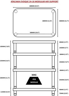 Teknisk diagram med dimensioner for et modulært 4-niveaus træhyldesystem til hi-fi-møbler Atacama Evoque 24-16