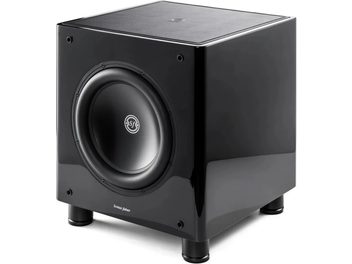Subwoofer Sonus Faber Gravis II v černém laku, pohled ze tří čtvrtin s viditelným předním reproduktorem