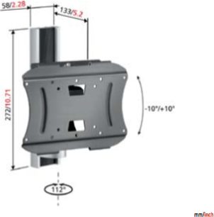 Nástěnný držák na TV v metalicky šedé barvě, boční pohled, rozměry 582 x 272 x 112 mm, horizontální natočení -10°/+10°