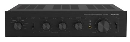 Metallharjatusega must stereovõimendi esivaade, viie pöördnupuga, kuulokiliidesega, indikaator- ja lülitiga