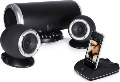 Roth Charlie 2.1 sort dockingstation i sort med to cylindriske højttalere, en basreflekskabinet og en holder til smartphone