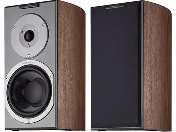 Diffusore acustico da libreria AudioVector R1 Signature in noce, vista frontale e laterale, cabinet in legno scuro, altoparlanti neri e argentati