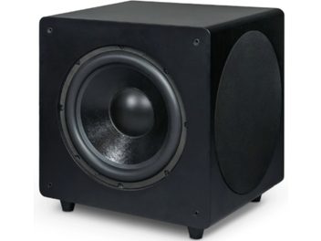 Velodyne Deep Waves 10 fekete mélyládája kocka formátumban, elöl látható hangszóróval és oldalt kör alakú panellel