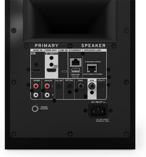 Klipsch The Sevens II Lautsprecher schwarz, Rückansicht mit Anschlussfeld für HDMI, Phono, USB und Ethernet