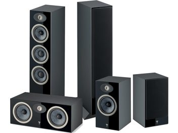 Focal Theva N°2 Siyah Sütun Hoparlör Paketi, farklı boyutlarda 5 siyah hoparlör, ön görünüş