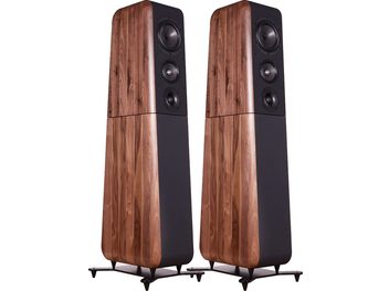 Pair of Chario Aviator Aria floorstanding speakers in satin brown walnut with matte black front panel, three-quarter front view showing four aligned drivers and black metal spike bases