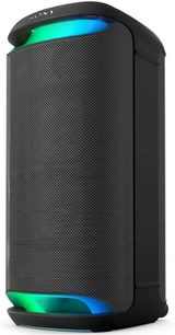 Bærbar Bluetooth-højttaler Sony SRS-XV500, set forfra, sort gitter, afrundede hjørner, grønne og blå LED-lys