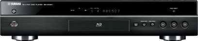 Yamaha BD-S1067 sort 4K Blu-ray-afspiller, frontvisning, blå LED-display, knapper og stik på forsiden, mat sort finish