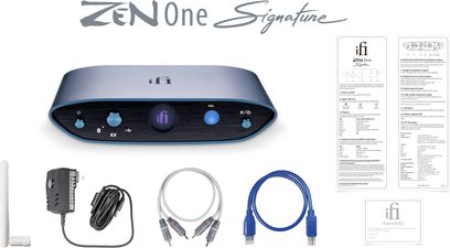 iFi Zen One Signature tumši zilais audio DAC konvertētājs, skats no priekšpuses, ar aksesuāriem un bukletu uz balta fona