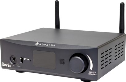 Ampli hi-fi stereo Nuprime Omnia WR-2 černý, pohled zepředu, s tlačítky, konektory a Wi-Fi anténami na horní straně