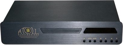 Atoll Electronique CD100SE sort CD-afspiller, frontvisning, børstet aluminiumsfacade med display, CD-bakke og 6 kontrolknapper