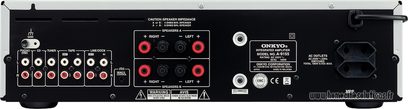 Integreret Onkyo A-9155 sort hi-fi stereoforstærker, bagside, nærbillede, audio- og højttalertilslutninger