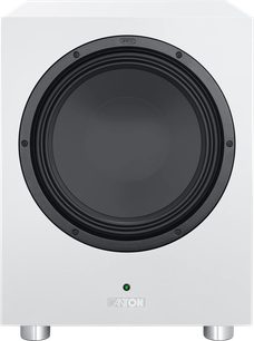Canton Power Sub 12 S2 subwoofer i mat hvid, set forfra med sort højttaler og metalfødder
