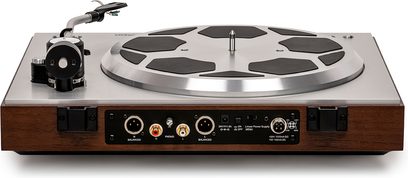 Thorens TD 404 DD Plattenspieler Rückansicht, silbernes Plattenteller, Tonarm und Holzsockel mit Anschlüssen