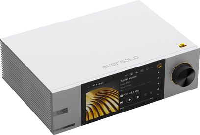 Nettverkslydavspiller DMP-A6 Master Edition Gen 2, rektangulært sølvfarget kabinett, sentralt plassert fargeskjerm, rund svart knapp til høyre