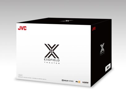 JVC XP-EXT1 sort hi-fi hovedtelefoner i sort, sort æske med hvidt "EXOFIELD THEATER"-logo, JVC- og Dolby Atmos-logoer, set forfra