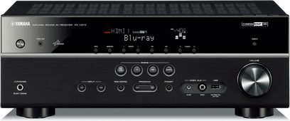 Yamaha RX-V573 sort hjemmebiografsforstærker, set forfra, sort front med knapper, drejeknapper, display og USB-port
