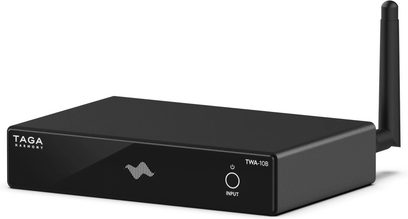 Taga Harmony TWA-10B sort netværksaudioafspiller, set forfra, kompakt rektangulært design, minimalistisk front med logo og jackindgang