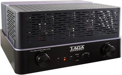 Stereo rørforstærker TTA-1000BT, set fra 3/4 vinkel, perforeret beskyttelsesgitter, 2 justeringsknapper, 5 lysindikatorer
