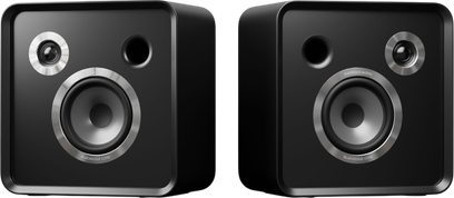Paar zwarte EverSolo SE100 boekenplankspeakers, met vierkante voorkant met afgeronde hoeken en luidsprekers met metalen ringen