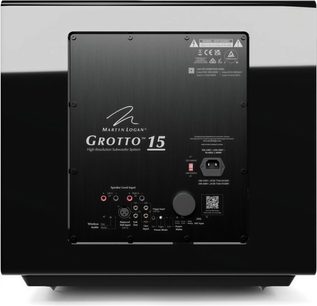 Subwoofer MartinLogan Grotto 15 v černém laku, zadní pohled s panelem konektorů a napájením