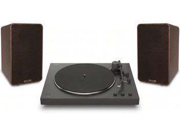 Svart Sony-vinylspelare med två Enova-bokhyllehögtalare i mörk träfinish, framifrån
