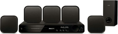 Philips HTS3270 svart hemmabiosystem bestående av 5 kubiska högtalare, 1 rektangulär soundbar och 1 vertikal subwoofer
