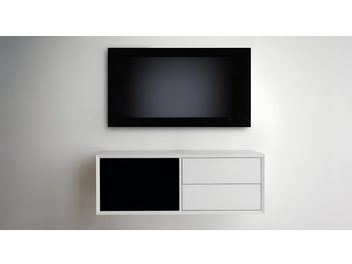 Audio-video nábytok Clic Classic Series model 220-2 biely z dreva, čierny panel vľavo a dve zásuvky vpravo, pohľad spredu