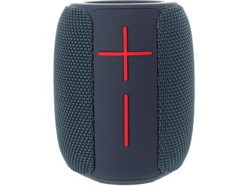 Yourban Getone 25 sinine bluetooth-kõlar, vaade eest, tekstuuriga pind, punased ristnupud, silindriline kuju