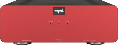 Hoogwaardige hi-fi eindversterker Performer s800 rood met rode voorkant, zwart SPL-logo, 3 indicatorlampjes en witte opschriften