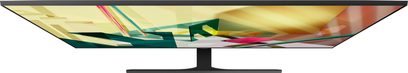 Flacher QLED-Bildschirm Samsung QE55Q70T 2020, Nahaufnahme von vorne, zeigt abstrakte bunte geometrische Formen