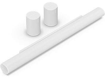 Sonos Pack ARC Ultra + Era 100 hvid mat soundbar, set fra vinkel, 2 cylindriske højttalere, glat overflade