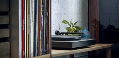 Cambridge Audio Alva ST hõbedane vinüülmängija, eestvaade, asetatud heledal puidust mööbliesemele, kõrval roheline taim, taga värvilised vinüülplaadid