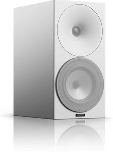 Amphion Argon 3S witte boekenplank luidspreker, voor- en zijaanzicht, witte behuizing, ronde luidspreker met rooster