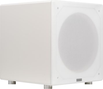 Velodyne VI-Q 12 witte subwoofer in driekwartaanzicht met afgeronde voorkant en luidspreker achter wit rooster