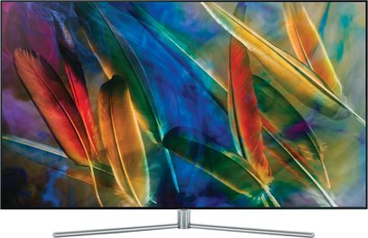 Samsung QE65Q7F-fladskærm, der viser et billede med levende farver af flerfarvet fjer i blå, grønne, gule og røde nuancer