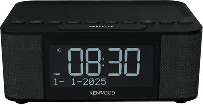 Sort Kenwood CR-ST55DAB clockradio, set forfra med digitalt display og sidehøjttalere