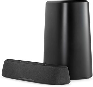 Mat sort Polk Audio MagniFi Mini AX soundbar, set forfra og fra siden, med mat sort cylindrisk basrør