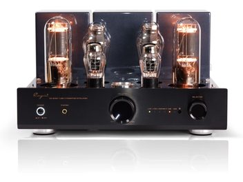 Siyah metal Cayin CS-805A tüp stereo entegre amplifikatör, ön görünüm, dört büyük cam tüp ışıkla aydınlatılmış, geniş merkezi ses kontrol düğmesi, seçici düğme, kulaklık girişi ve ışık göstergeleri bulunan fırçalanmış ön panel