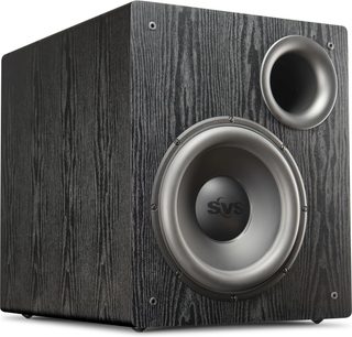 SVS PB12-NSD baskabin, mørk træfinish, frontpanel med rund højttaler og bas-refleksport