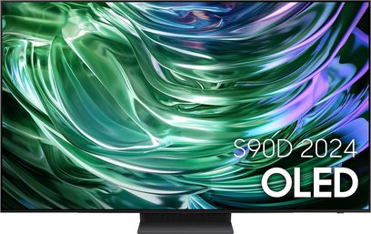 Samsung F-TQ77S90D-BF fladskærms-tv, set forfra, med grøn og lilla skærm, tekst "S90D 2024 OLED" nederst til højre
