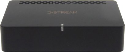 D-Stream WR100D sort netværksaudioafspiller, forfra, kompakt rektangulær form, sølvfarvet logo øverst til venstre