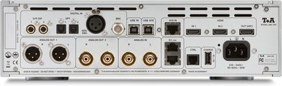 Tylny panel konwertera audio T+A DAC 200 w kolorze srebrnoszarym, wykonany z aluminium, wyposażony w symetryczne złącza XLR, pozłacane gniazda RCA, porty optyczne, USB, HDMI, BNC, RJ45 oraz gniazdo zasilania IEC.