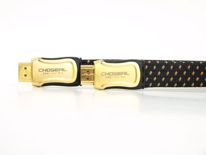 HDMI-kabel Choseal CHD-1222 F15, to forgyldte stik, sort flettet kappe, nærbillede af enderne