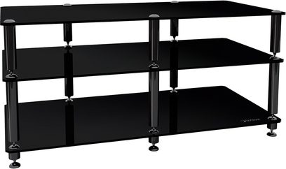 Sort TV-møbel med 3 glashylder og metalramme med 8 cylindriske forkromede ben, set forfra