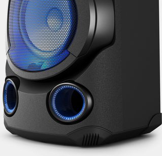 Przenośny głośnik bluetooth Sony MHC-V13, widok z przodu, niebieska okrągła kratka, 2 dolne okrągłe porty, czarna obudowa